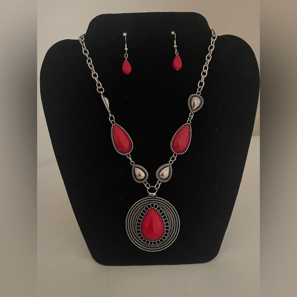 Paparazzi Fashion Red Teardrop Statement Necklace & Earrings Set
